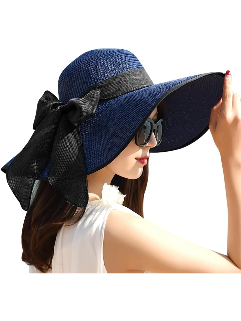 Women's Navy Blue Wide Brim Foldable Floppy Straw With Ribbon Bow Summer Sun Hat - Picture 2 of 5